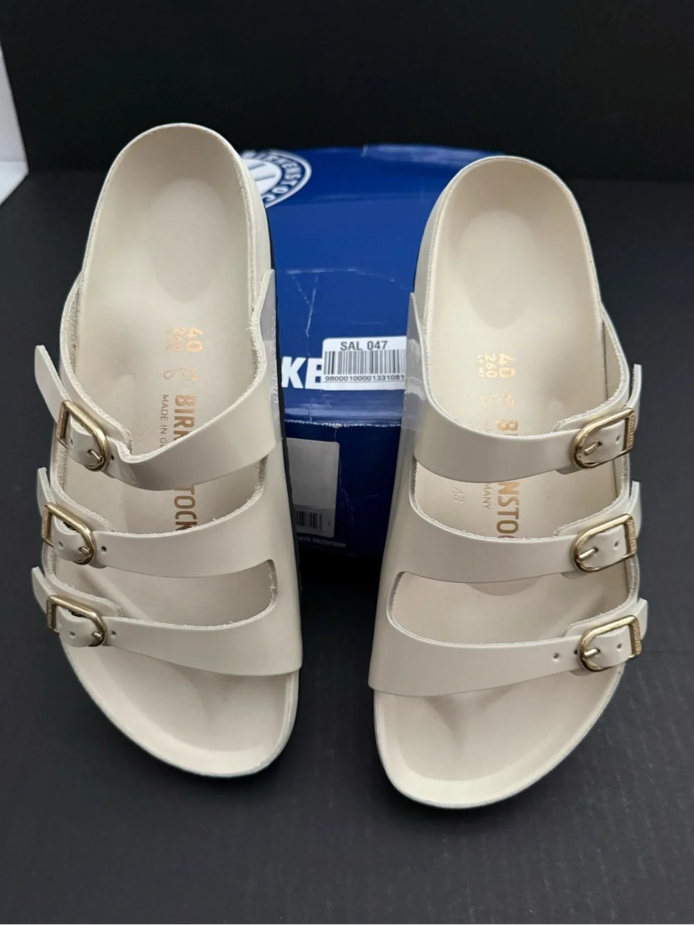 Birkenstock Florida Fresh Sandal in Ecru with Gold Buckles Size 9 NEW